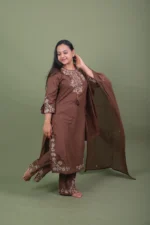 Chocolate Brown Embroidered Cotton Kurta Set with Scalloped Pants & Dupatta
