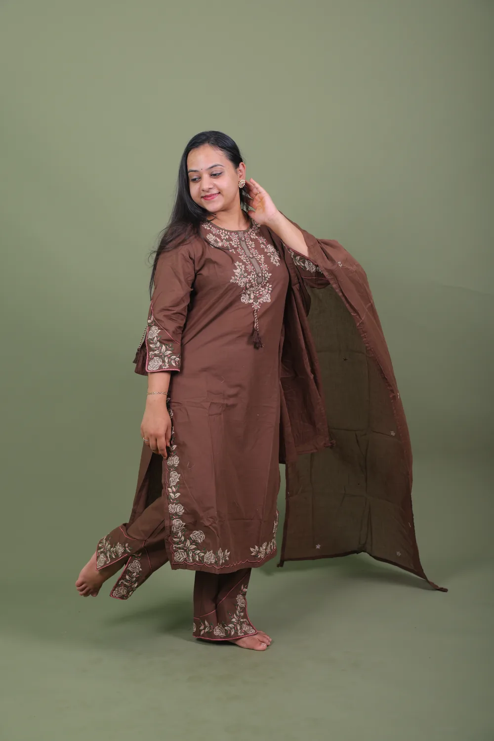 Copy of 0L9A5293 Chocolate Brown Embroidered Cotton Kurta Set with Scalloped Pants & Dupatta - Image 1