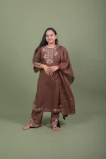 Chocolate Brown Embroidered Cotton Kurta Set with Scalloped Pants & Dupatta - Image 2
