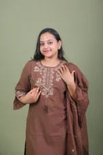 Chocolate Brown Embroidered Cotton Kurta Set with Scalloped Pants & Dupatta - Image 4
