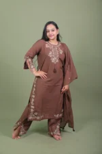 Chocolate Brown Embroidered Cotton Kurta Set with Scalloped Pants & Dupatta - Image 3