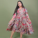 Taupe Beige Tropical Flora & Fauna Printed Tiered Shirt Midi Dress with Belt