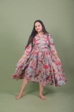 Taupe Beige Tropical Flora & Fauna Printed Tiered Shirt Midi Dress with Belt