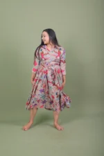 Taupe Beige Tropical Flora & Fauna Printed Tiered Shirt Midi Dress with Belt - Image 2