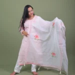 Blush Pink Striped Floral Hand-Painted Cotton Kurta Set with Dupatta