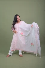 Blush Pink Striped Floral Hand-Painted Cotton Kurta Set with Dupatta