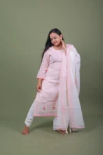 Blush Pink Striped Floral Hand-Painted Cotton Kurta Set with Dupatta - Image 2