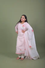 Blush Pink Striped Floral Hand-Painted Cotton Kurta Set with Dupatta - Image 3