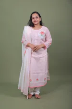 Blush Pink Striped Floral Hand-Painted Cotton Kurta Set with Dupatta - Image 4
