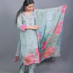Sage Green Lotus Printed Silk Blend Kurta Set with Dupatta