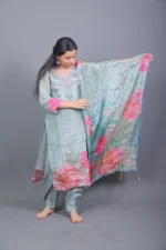 Sage Green Lotus Printed Silk Blend Kurta Set with Dupatta