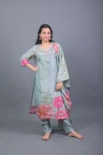 Sage Green Lotus Printed Silk Blend Kurta Set with Dupatta - Image 2
