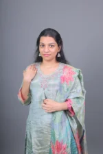 Sage Green Lotus Printed Silk Blend Kurta Set with Dupatta - Image 3