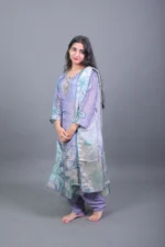Lavender Grey Floral Printed Silk Blend Kurta Set with Dupatta