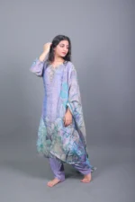 Lavender Grey Floral Printed Silk Blend Kurta Set with Dupatta - Image 2