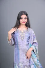 Lavender Grey Floral Printed Silk Blend Kurta Set with Dupatta - Image 3