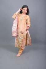 Beige & Mustard Floral Printed Silk Blend Kurta Set with Dupatta - Image 2