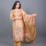 Beige & Mustard Floral Printed Silk Blend Kurta Set with Dupatta