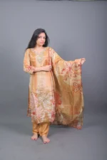 Beige & Mustard Floral Printed Silk Blend Kurta Set with Dupatta
