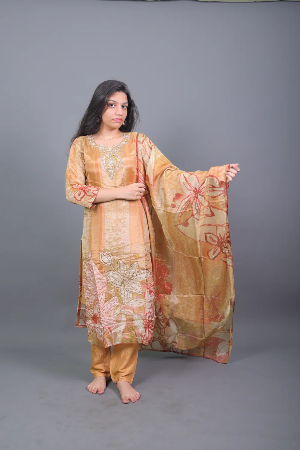 Copy of 0L9A5419 Beige & Mustard Floral Printed Silk Blend Kurta Set with Dupatta - Image 1