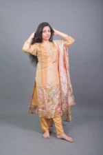 Beige & Mustard Floral Printed Silk Blend Kurta Set with Dupatta - Image 3