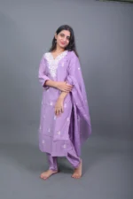 Lilac Lavender Embroidered Cotton Silk Kurta Set with Dupatta - Image 3