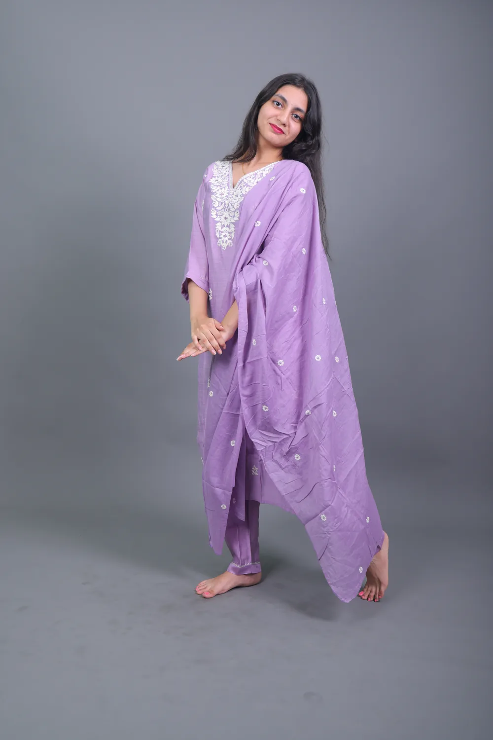 Copy of 0L9A5431 Lilac Lavender Embroidered Cotton Silk Kurta Set with Dupatta - Image 1