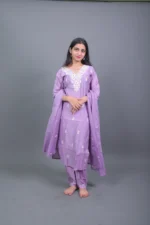 Lilac Lavender Embroidered Cotton Silk Kurta Set with Dupatta - Image 2