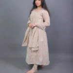 Beige Embroidered Pleated Anarkali Kurta Set with Gota Patti Dupatta
