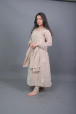 Beige Embroidered Pleated Anarkali Kurta Set with Gota Patti Dupatta