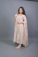 Beige Embroidered Pleated Anarkali Kurta Set with Gota Patti Dupatta - Image 2