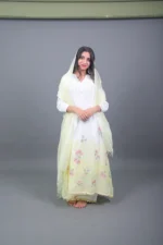 White & Pastel Yellow Ombre Embroidered Cotton Kurta Set with Dupatta