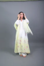 White & Pastel Yellow Ombre Embroidered Cotton Kurta Set with Dupatta - Image 2
