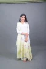 White & Pastel Yellow Ombre Embroidered Cotton Kurta Set with Dupatta - Image 3