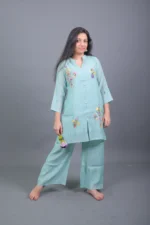 Mint Green Floral Embroidered Tunic Kurta with Palazzo Pants - Image 2