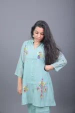 Mint Green Floral Embroidered Tunic Kurta with Palazzo Pants - Image 3