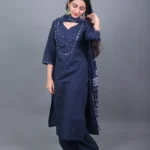 Midnight blue cotton mirror work straight kurta set with dupatta & pants
