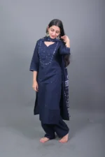 Midnight blue cotton mirror work straight kurta set with dupatta & pants