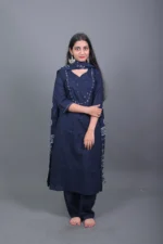 Midnight blue cotton mirror work straight kurta set with dupatta & pants - Image 2