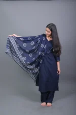 Midnight blue cotton mirror work straight kurta set with dupatta & pants - Image 3