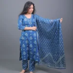 Indigo Blue Floral Hand-Block Printed Cotton Kurta Set with Dupatta