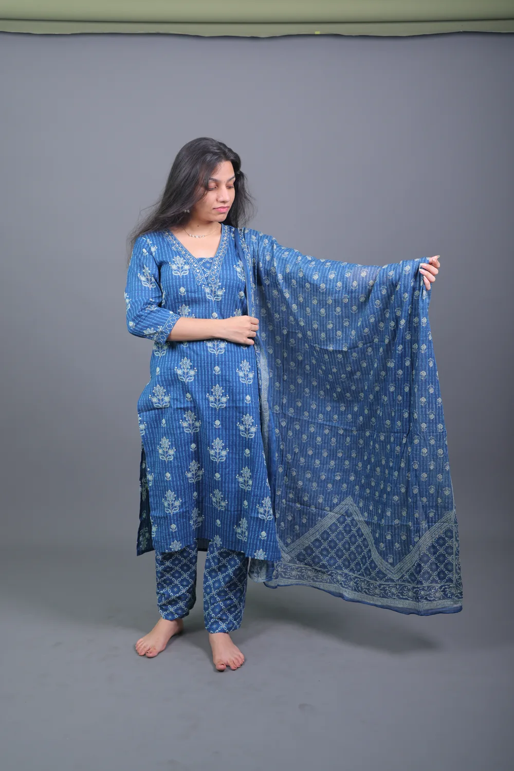 Copy of 0L9A5562 Indigo Blue Floral Hand-Block Printed Cotton Kurta Set with Dupatta - Image 1