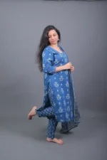 Indigo Blue Floral Hand-Block Printed Cotton Kurta Set with Dupatta - Image 2