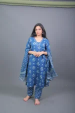 Indigo Blue Floral Hand-Block Printed Cotton Kurta Set with Dupatta - Image 3