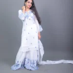 White & Blue Chikankari Embroidered Sharara Suit Set with Dupatta