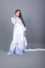 White & Blue Chikankari Embroidered Sharara Suit Set with Dupatta