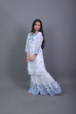 White & Blue Chikankari Embroidered Sharara Suit Set with Dupatta - Image 2