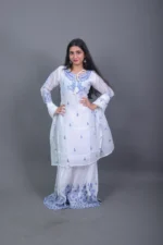 White & Blue Chikankari Embroidered Sharara Suit Set with Dupatta - Image 3
