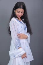White & Blue Chikankari Embroidered Sharara Suit Set with Dupatta - Image 4