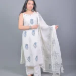 Ivory & Indigo Floral Block Printed Sleeveless Cotton Kurta Set with Dupatta